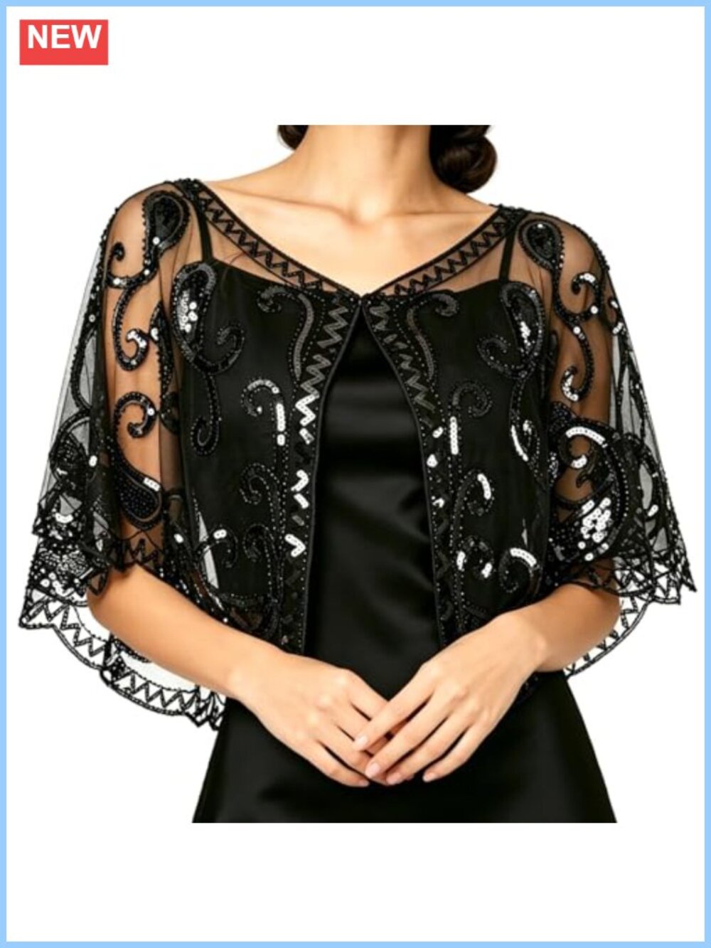 1920s Shawl Wrap Sequin Beaded Flapper Cape Evening Dress Formal Party